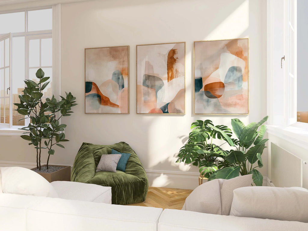 Abstract triptych wall art – neutral earthy tones organic living room decor
