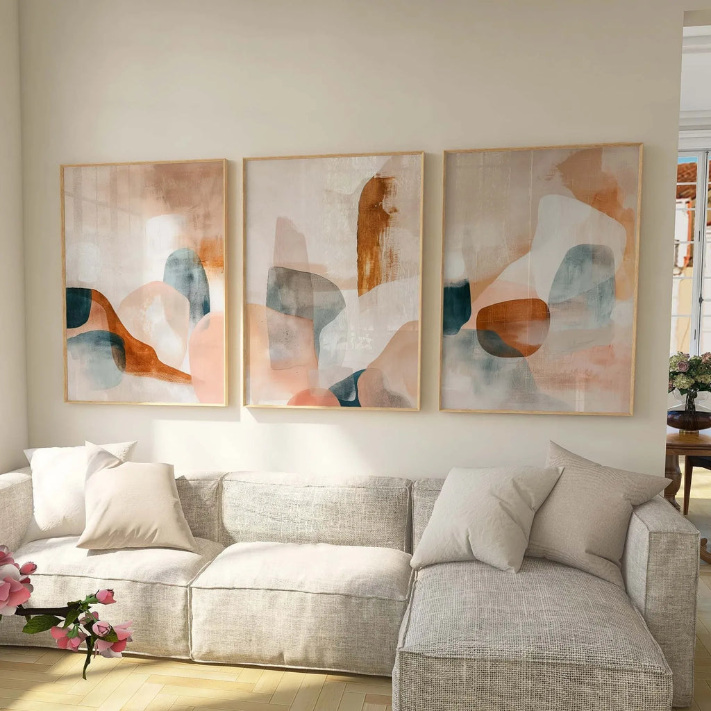 Abstract triptych wall art – neutral earthy tones organic living room decor