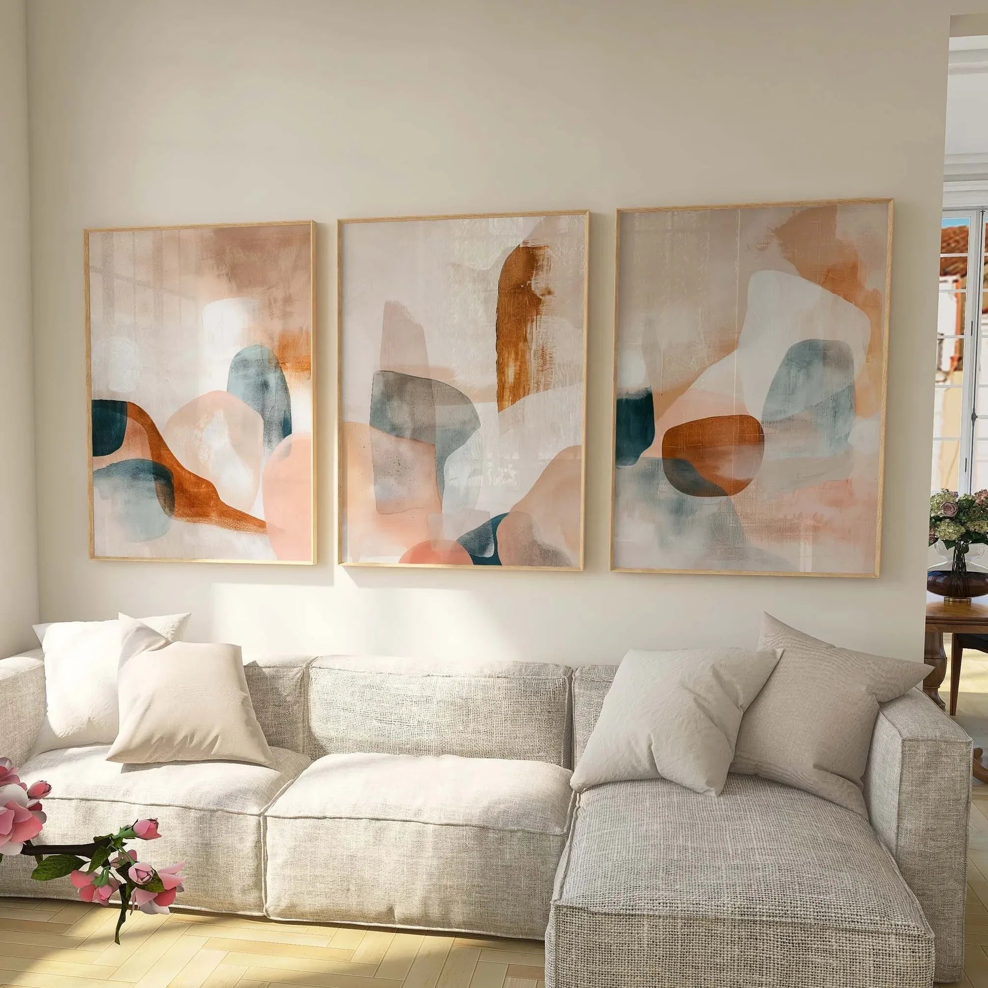Abstract triptych wall art – neutral earthy tones organic living room decor
