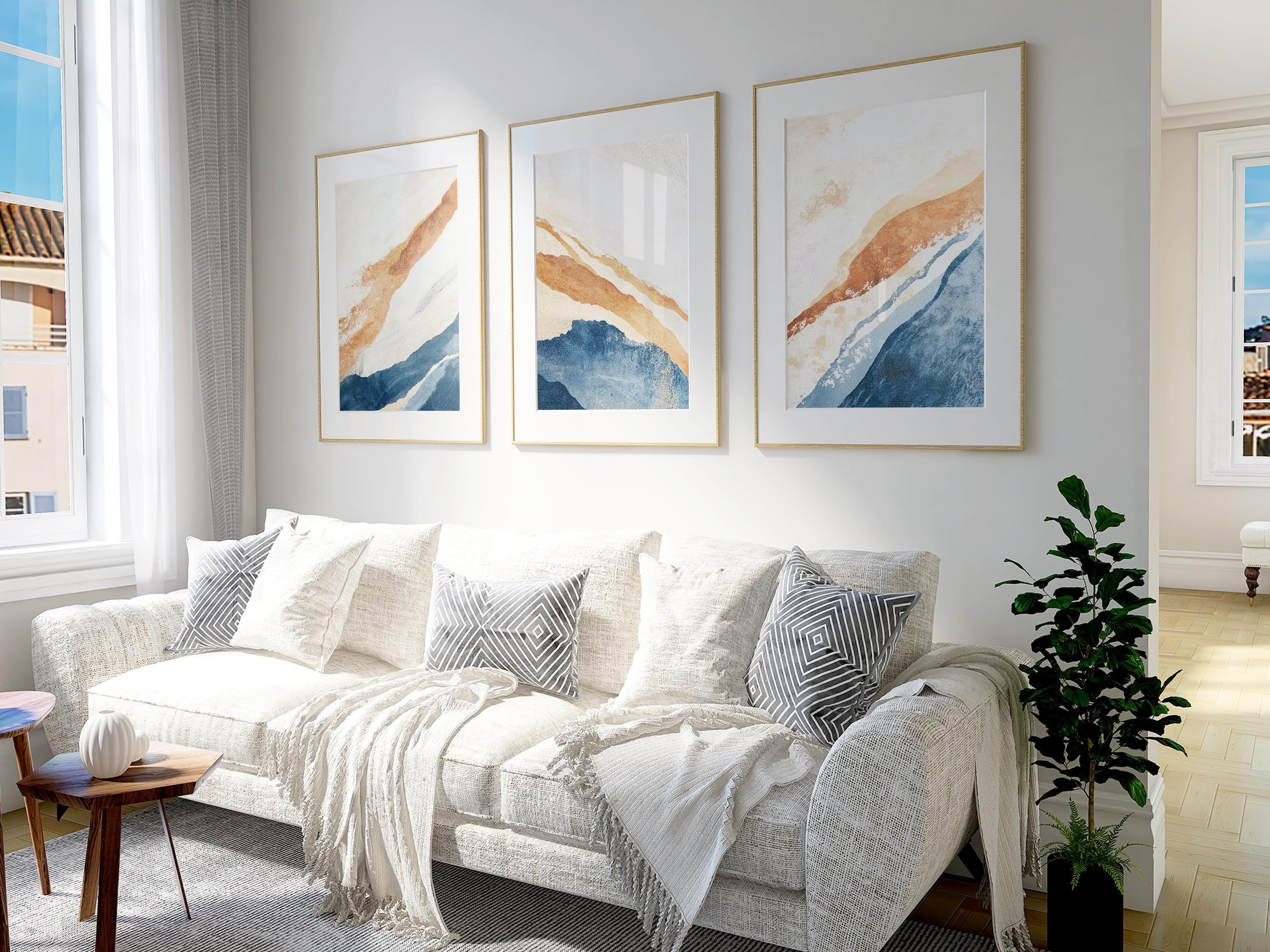 Abstract triptych wall art – blue and orange coastal textured set of 3