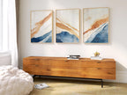 Abstract triptych wall art – blue and orange coastal textured set of 3