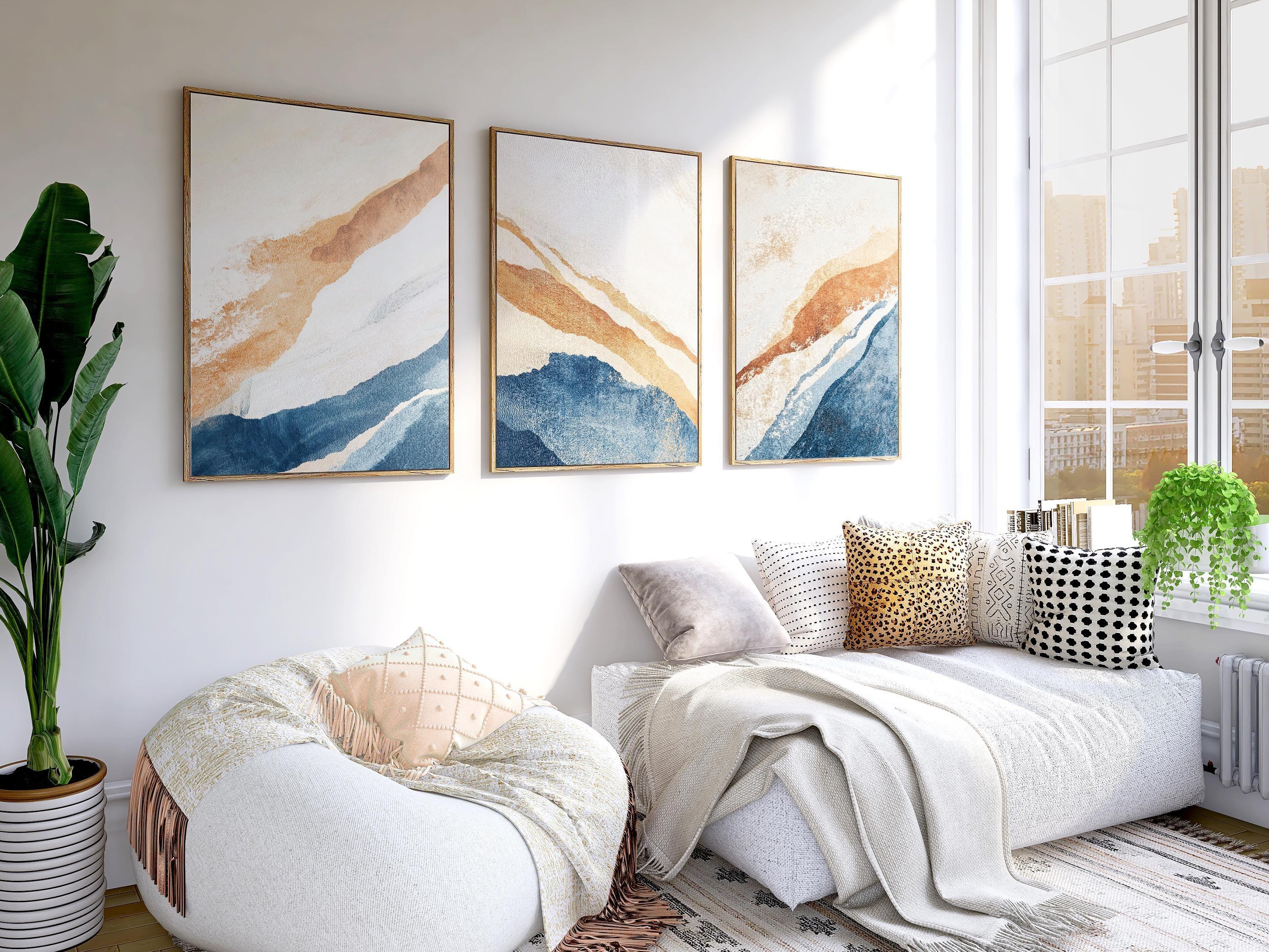 Abstract triptych wall art – blue and orange coastal textured set of 3