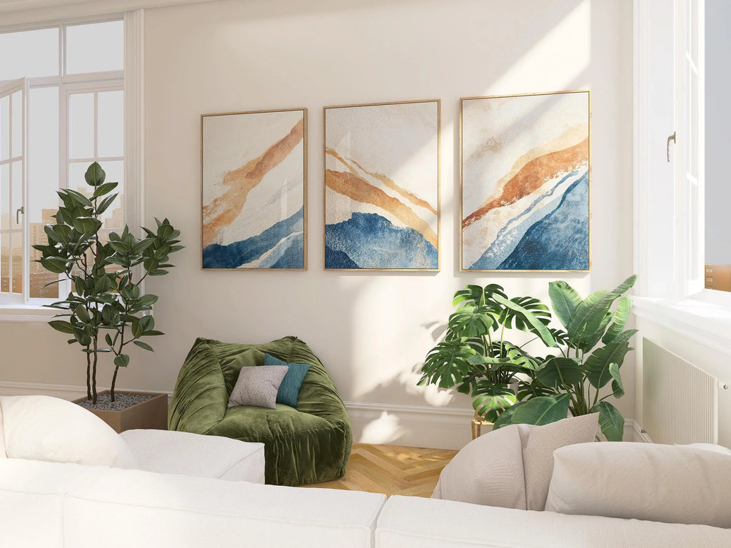 Abstract triptych wall art – blue and orange coastal textured set of 3