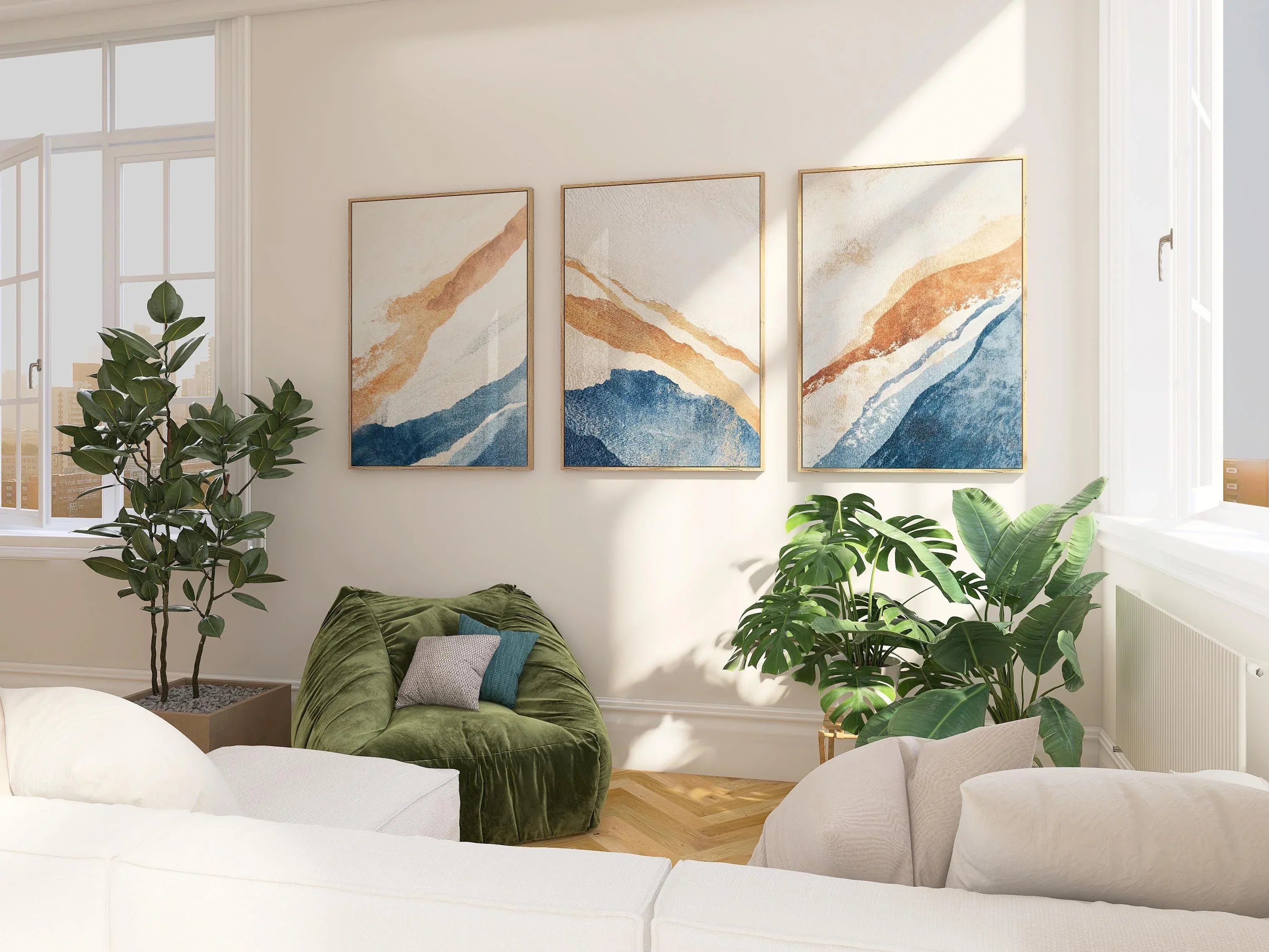 Abstract triptych wall art – blue and orange coastal textured set of 3