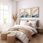 Abstract triptych wall art – blue and orange coastal textured set of 3