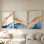Abstract triptych wall art – blue and orange coastal textured set of 3