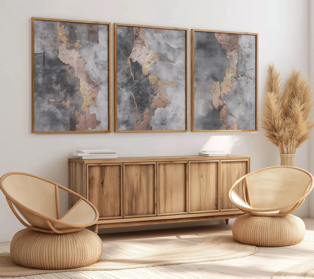 Abstract triptych wall art – gold blush and gray textured modern decor