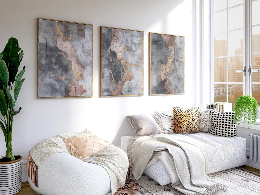 Abstract triptych wall art – gold blush and gray textured modern decor