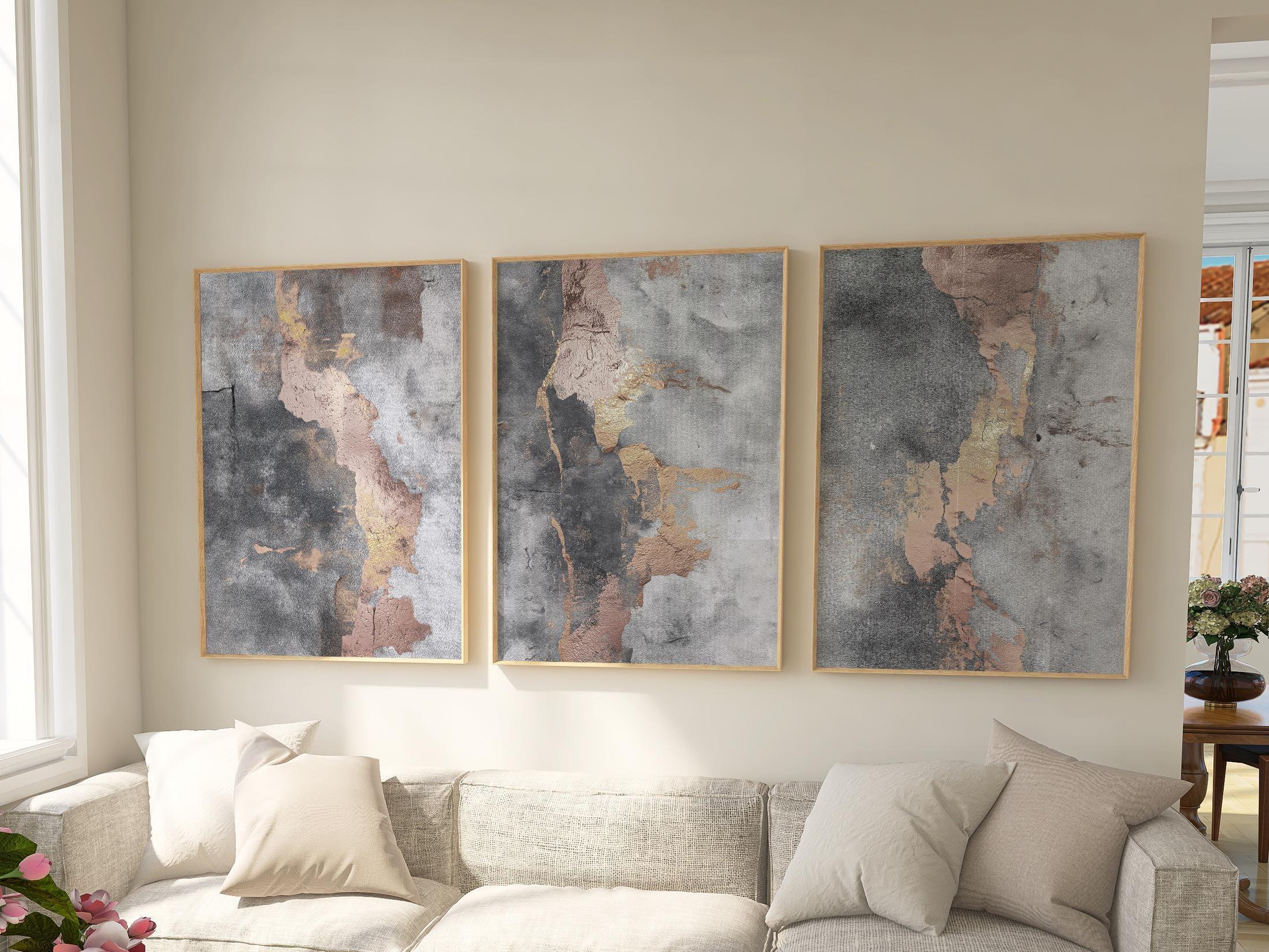 Abstract triptych wall art – gold blush and gray textured modern decor