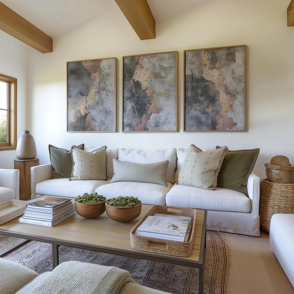 Abstract triptych wall art – gold blush and gray textured modern decor