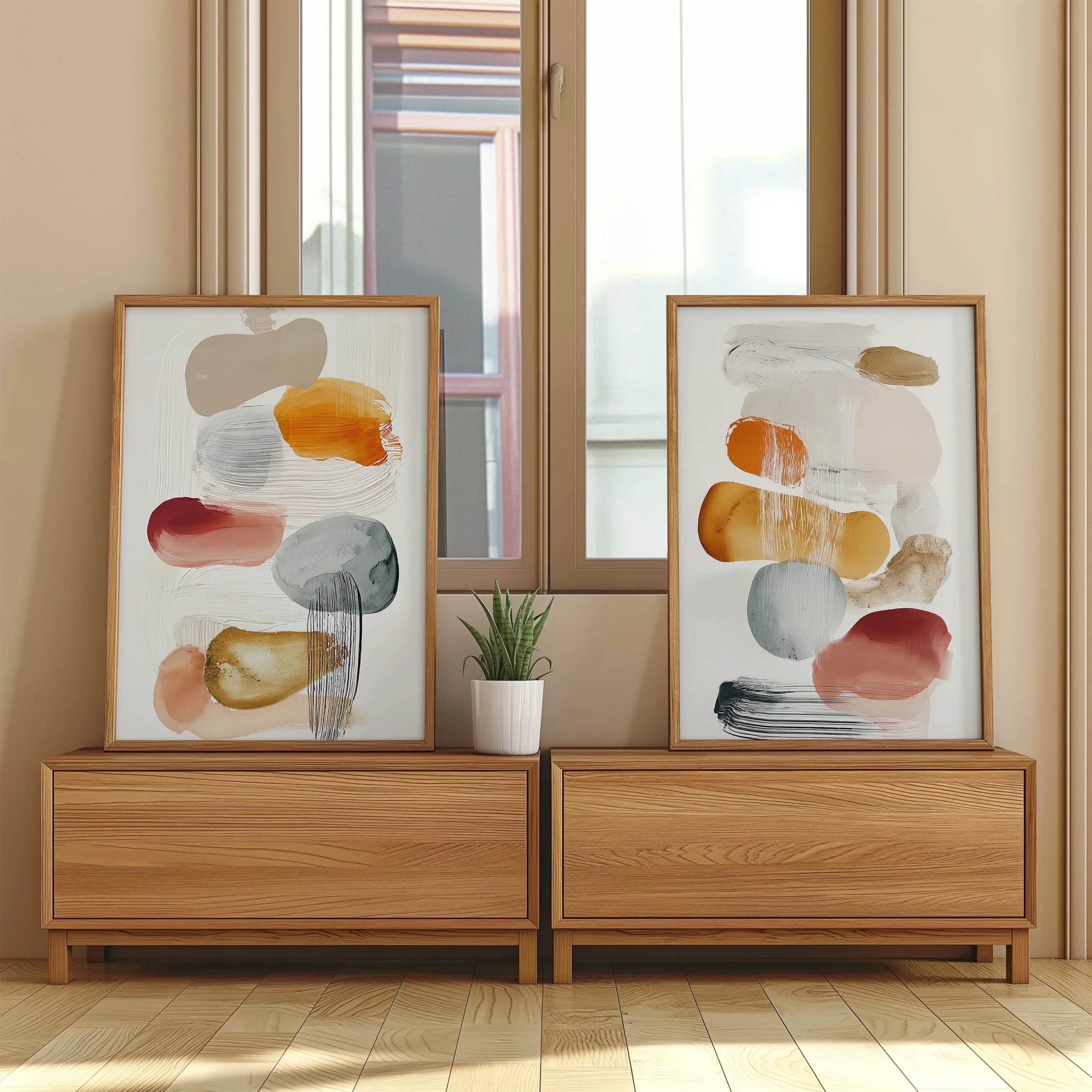 Abstract organic shapes wall art set of 2 – warm mustard orange decor