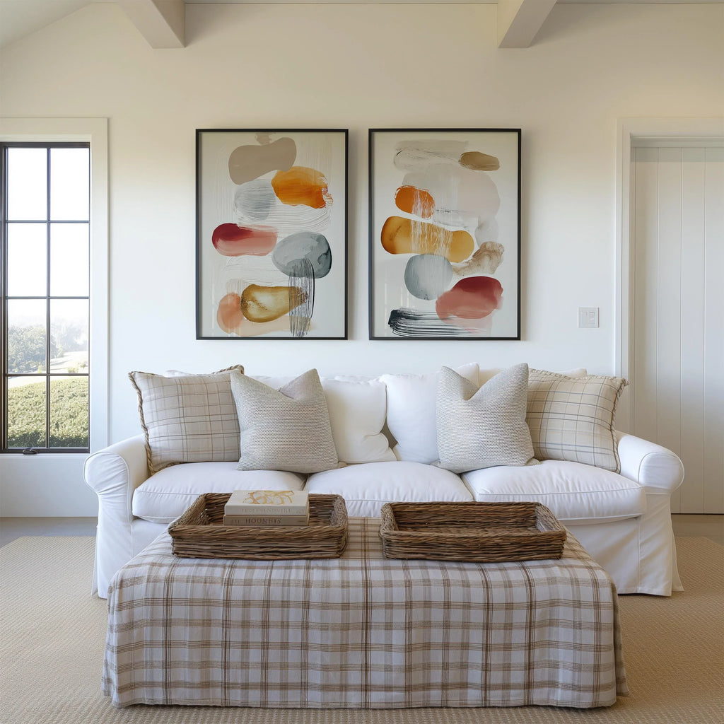 Abstract organic shapes wall art set of 2 – warm mustard orange decor