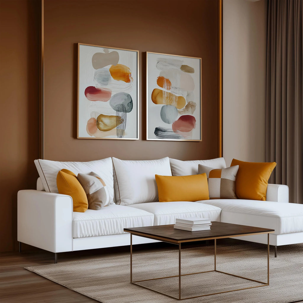 Abstract organic shapes wall art set of 2 – warm mustard orange decor