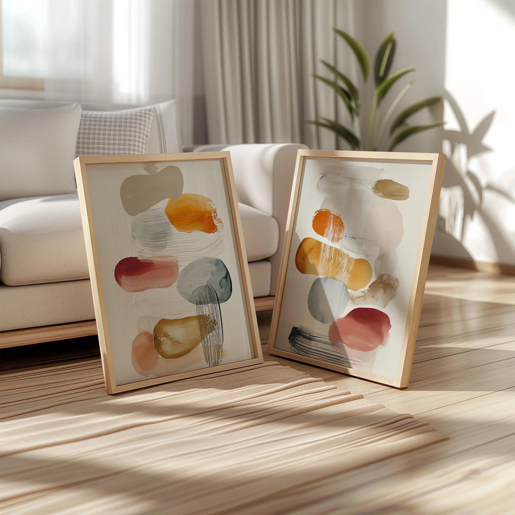 Abstract organic shapes wall art set of 2 – warm mustard orange decor