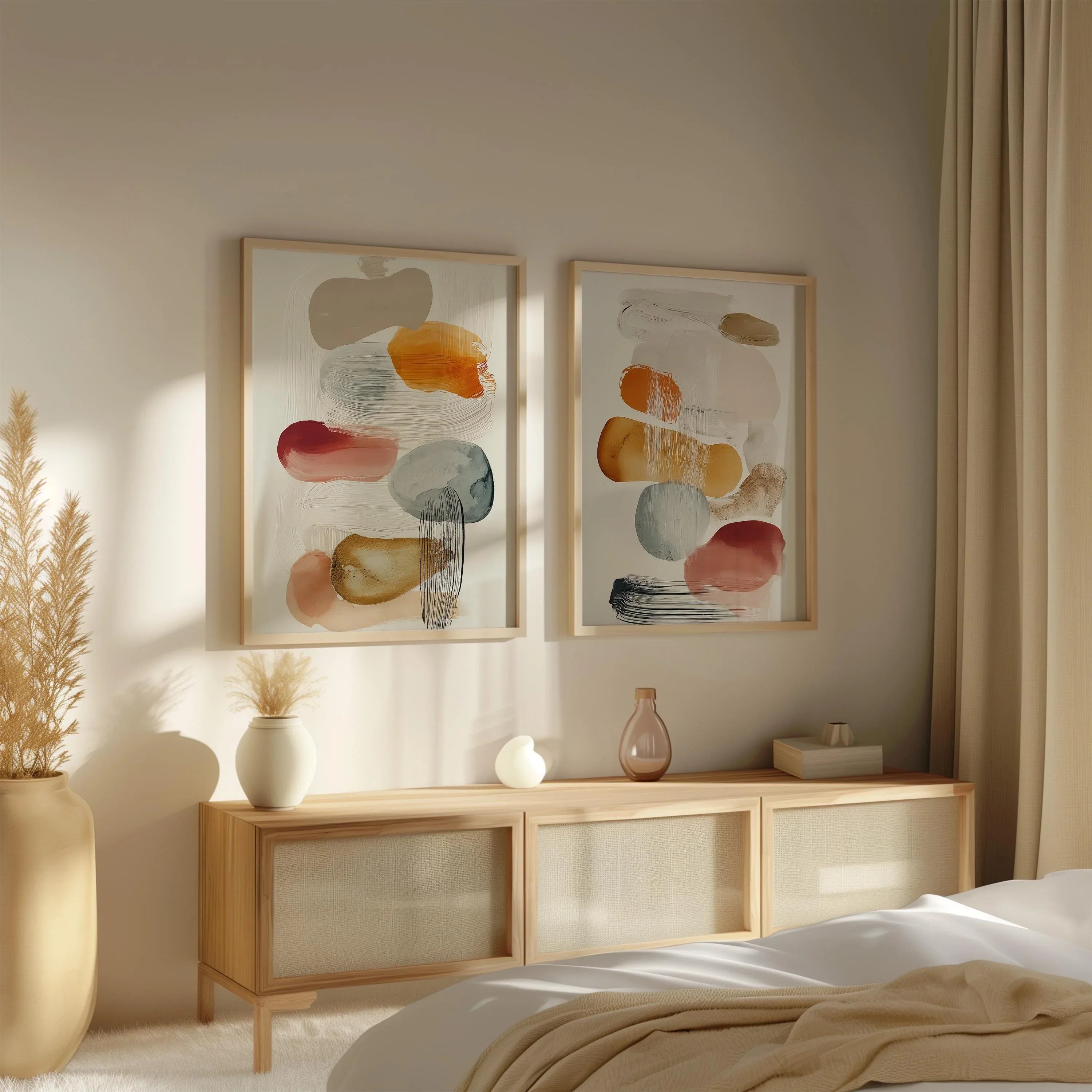 Abstract organic shapes wall art set of 2 – warm mustard orange decor