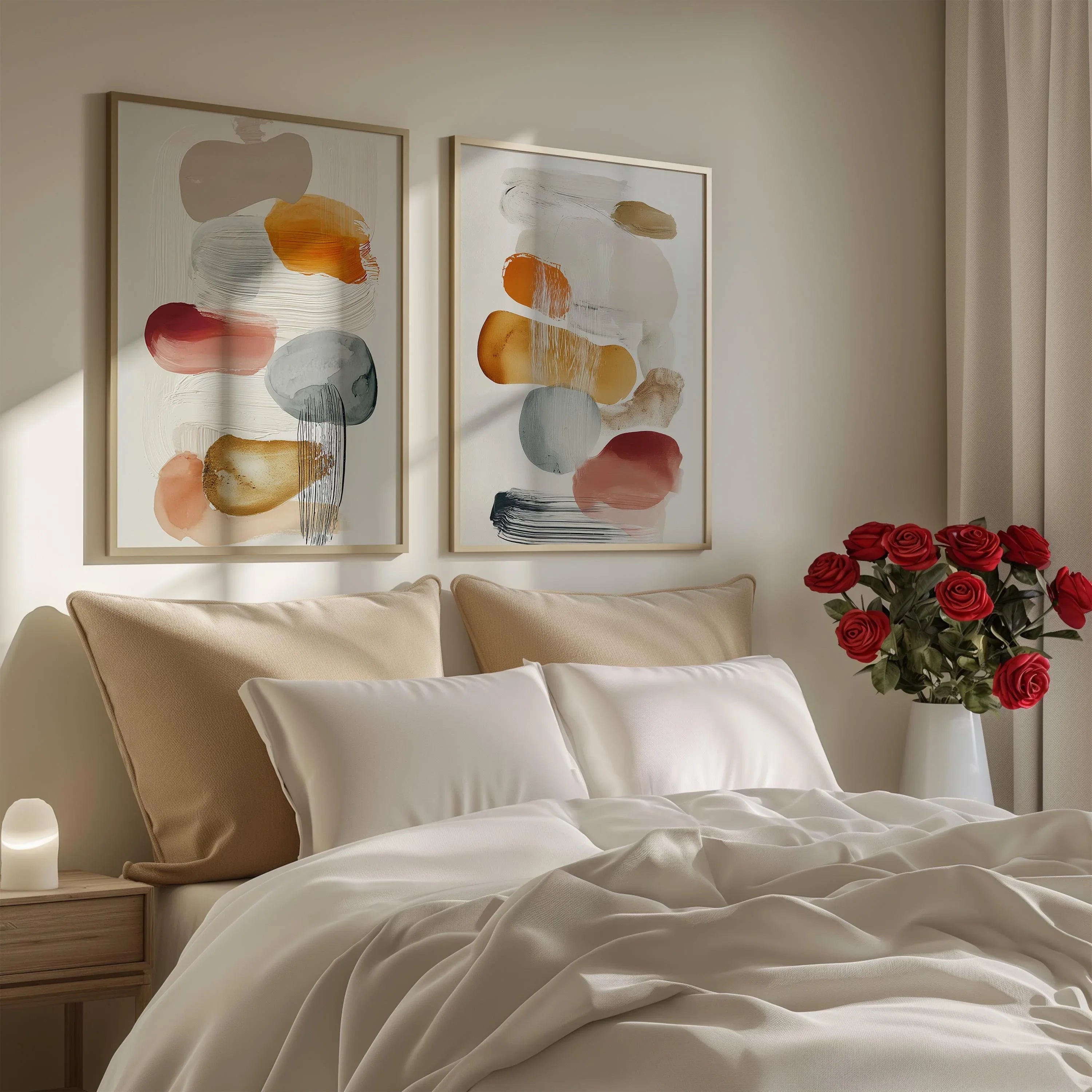 Abstract organic shapes wall art set of 2 – warm mustard orange decor