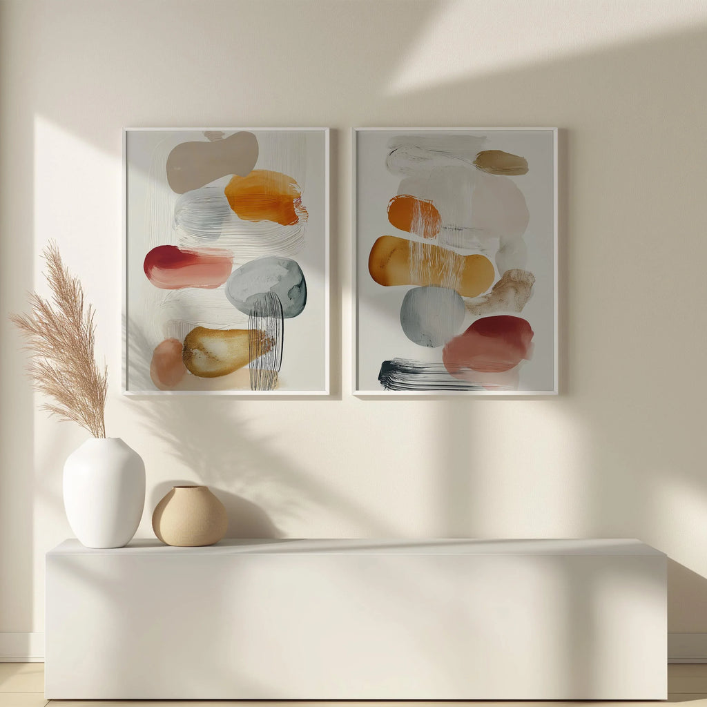 Abstract organic shapes wall art set of 2 – warm mustard orange decor