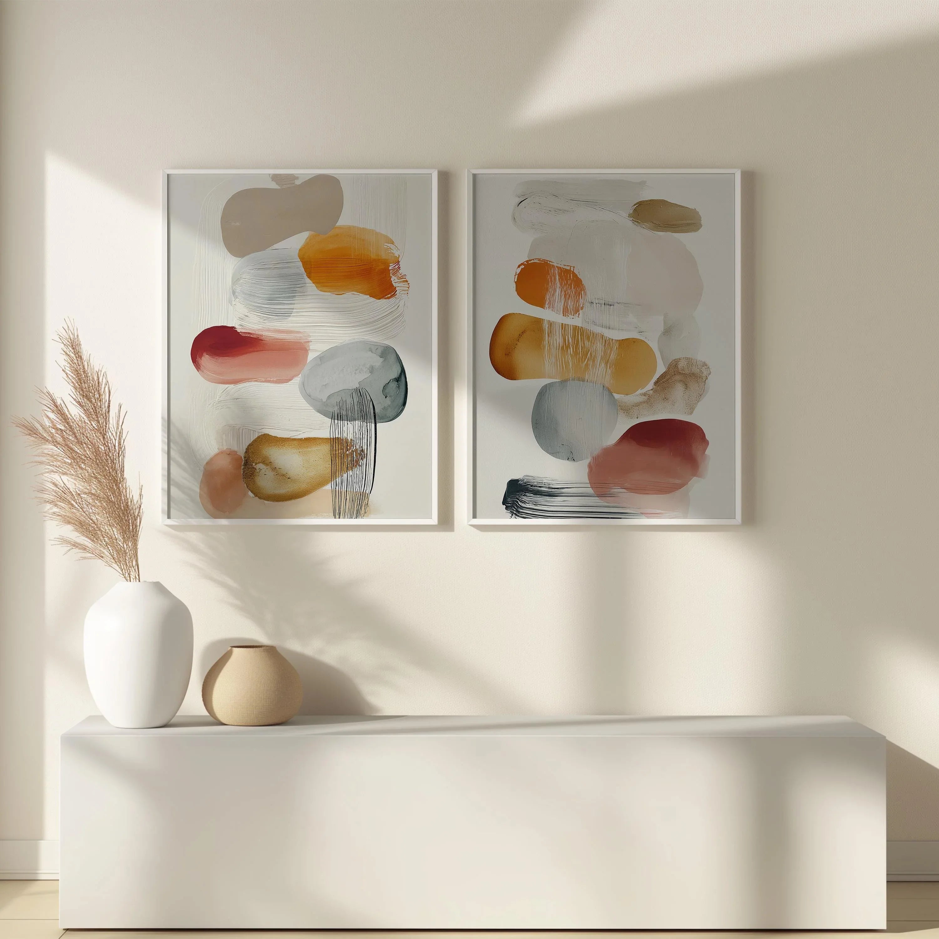 Abstract organic shapes wall art set of 2 – warm mustard orange decor