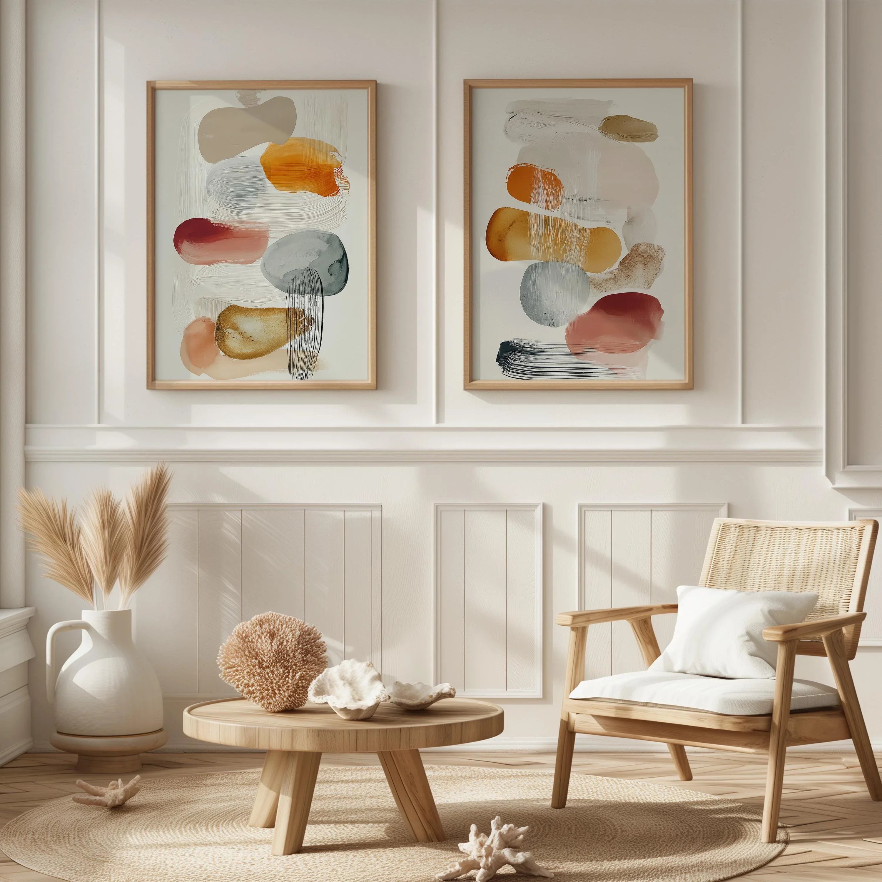 Abstract organic shapes wall art set of 2 – warm mustard orange decor