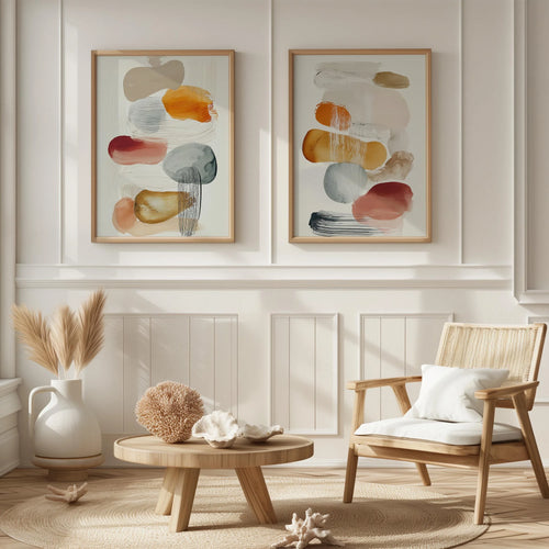 Abstract organic shapes wall art set of 2 – warm mustard orange decor