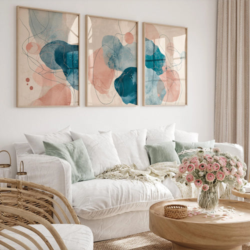 Abstract watercolour wall art set of 3 – navy blue and blush pink decor