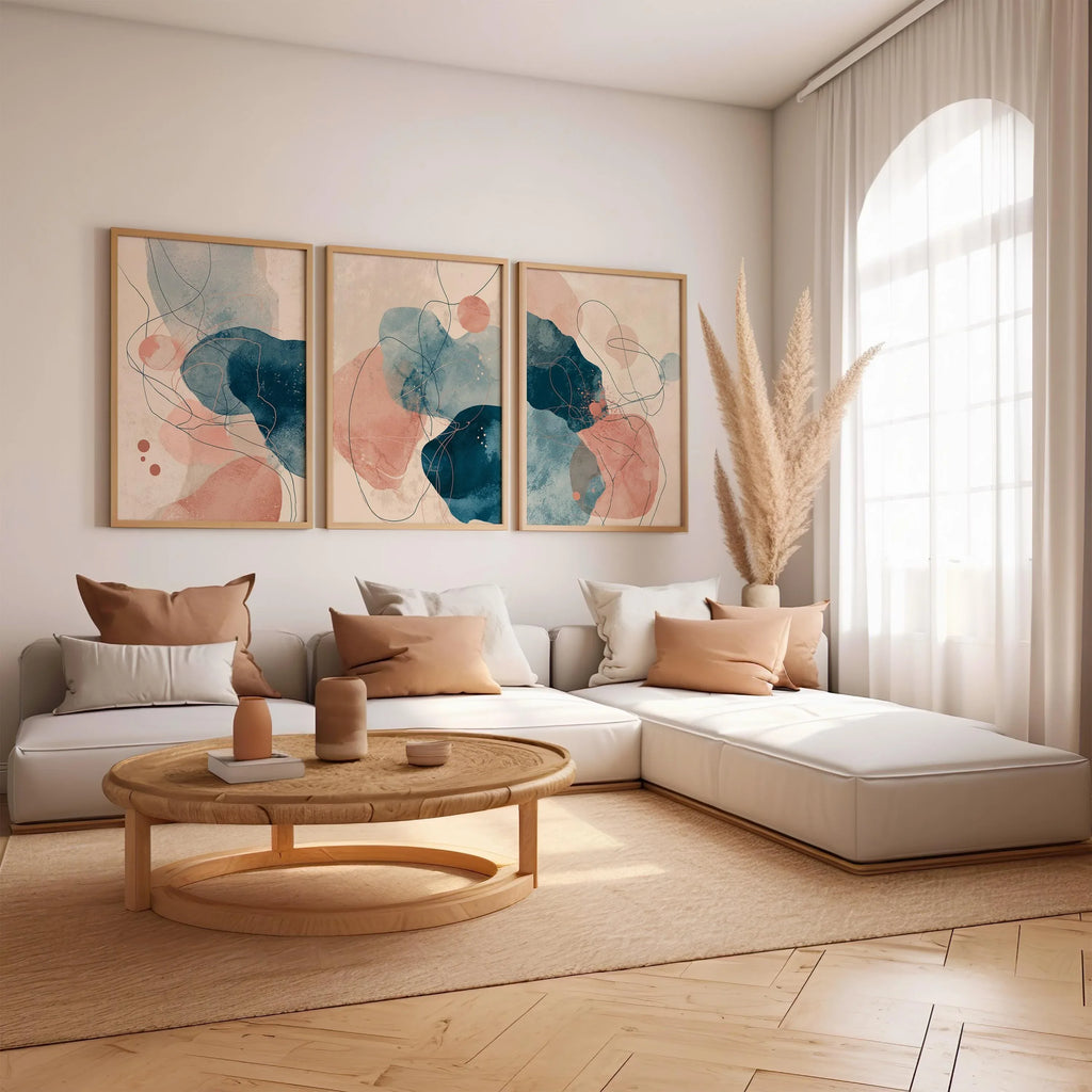 Abstract watercolour wall art set of 3 – navy blue and blush pink decor