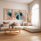 Abstract watercolour wall art set of 3 – navy blue and blush pink decor