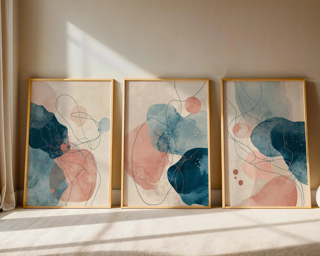 Abstract watercolour wall art set of 3 – navy blue and blush pink decor
