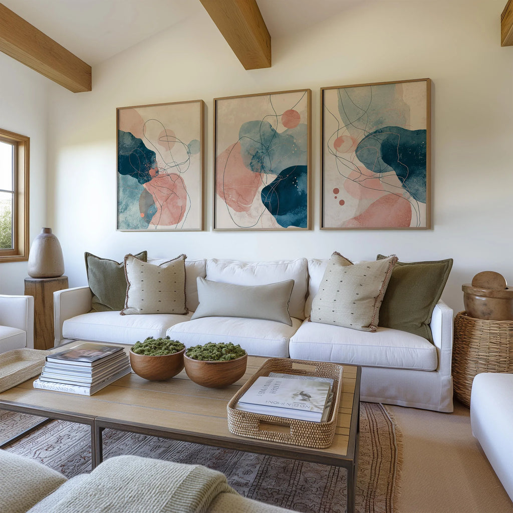 Abstract watercolour wall art set of 3 – navy blue and blush pink decor