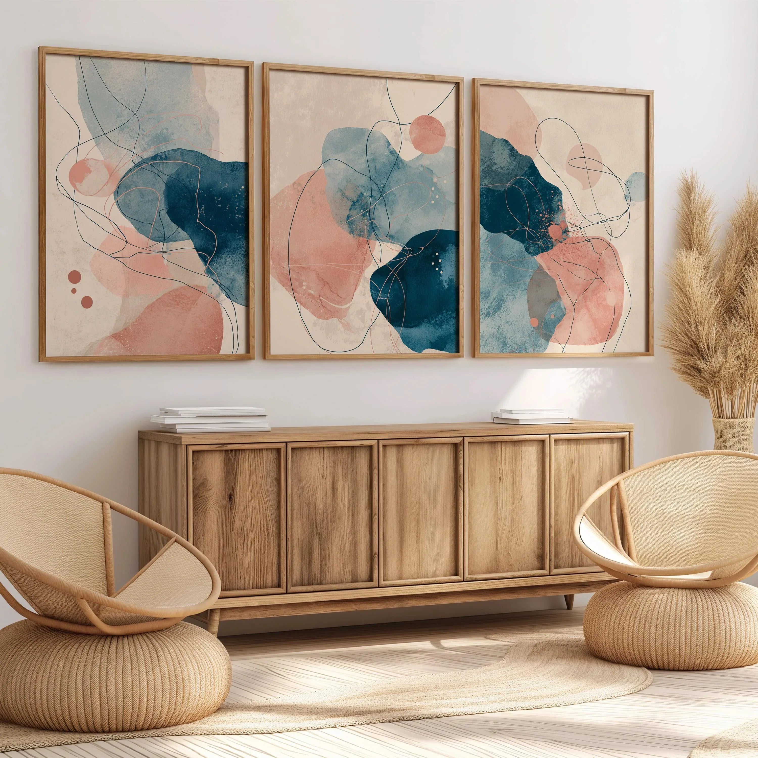 Abstract watercolour wall art set of 3 – navy blue and blush pink decor