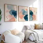 Abstract watercolour wall art set of 3 – navy blue and blush pink decor