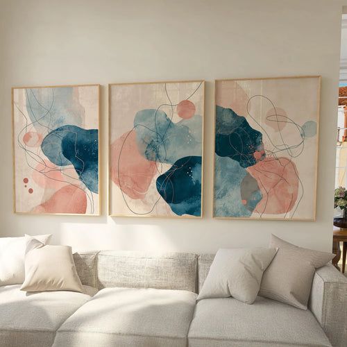 Abstract watercolour wall art set of 3 – navy blue and blush pink decor