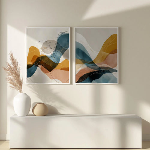 Abstract wave wall art set of 2 – modern flowing shapes teal mustard decor