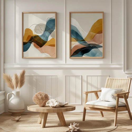 Abstract wave wall art set of 2 – modern flowing shapes teal mustard decor