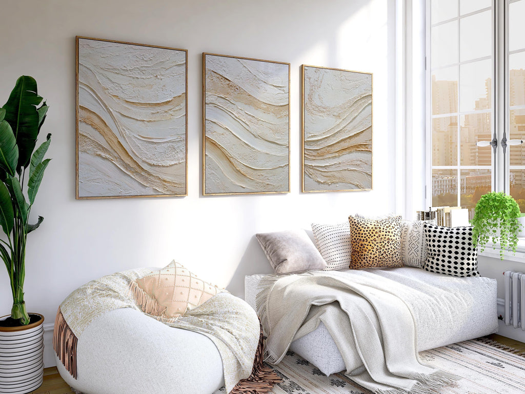 Abstract wave texture wall art set – beige gold Scandinavian minimalist decor
