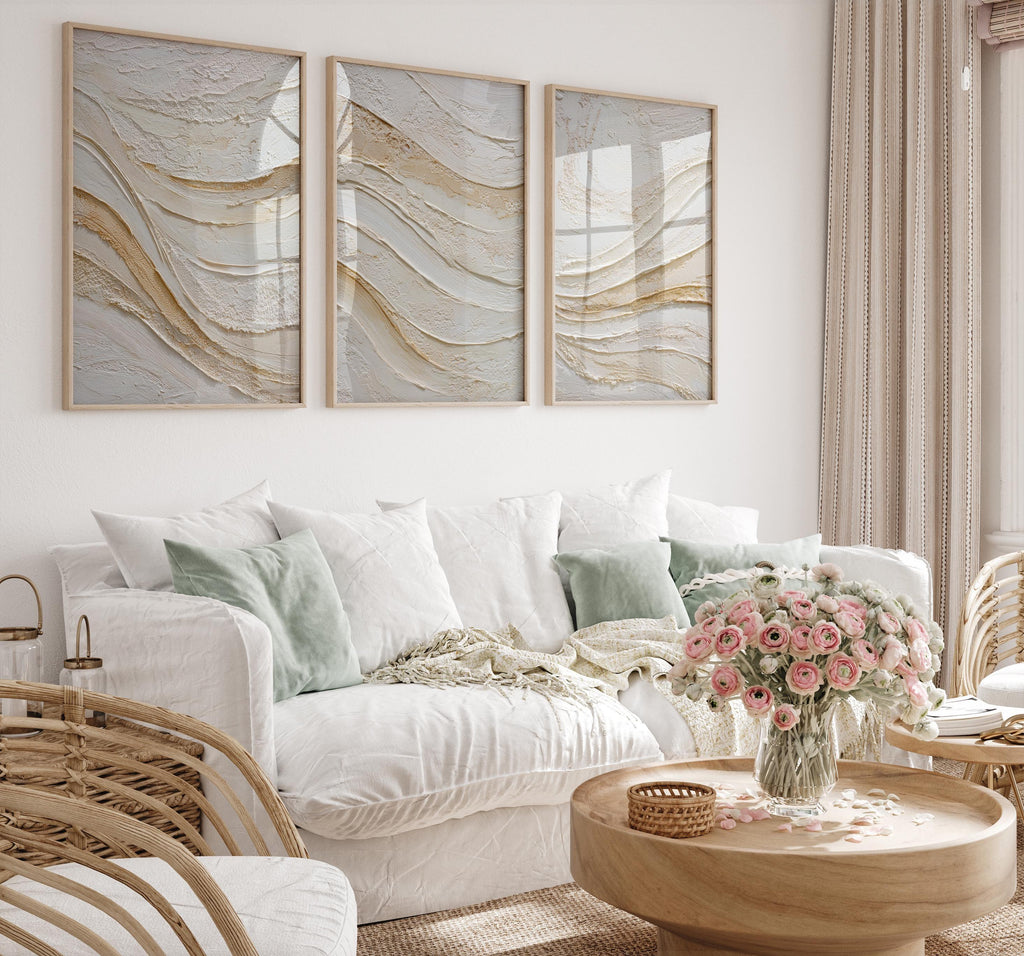 Abstract wave texture wall art set – beige gold Scandinavian minimalist decor