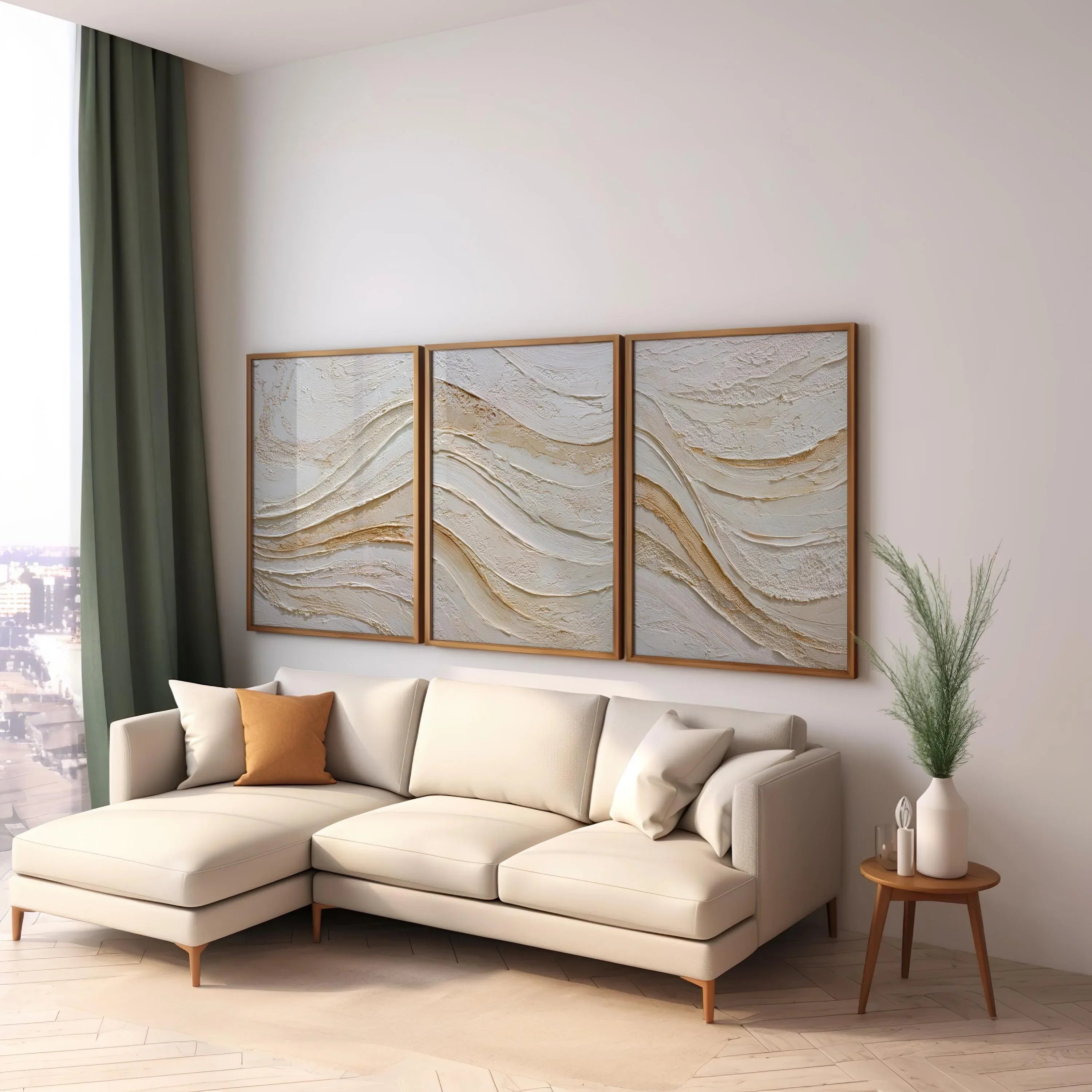 Abstract wave texture wall art set – beige gold Scandinavian minimalist decor
