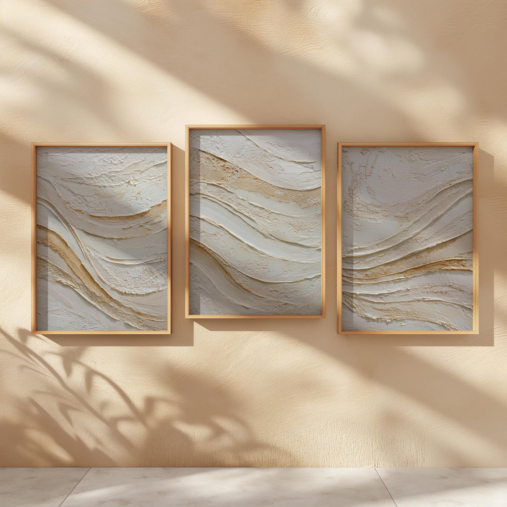 Abstract wave texture wall art set – beige gold Scandinavian minimalist decor
