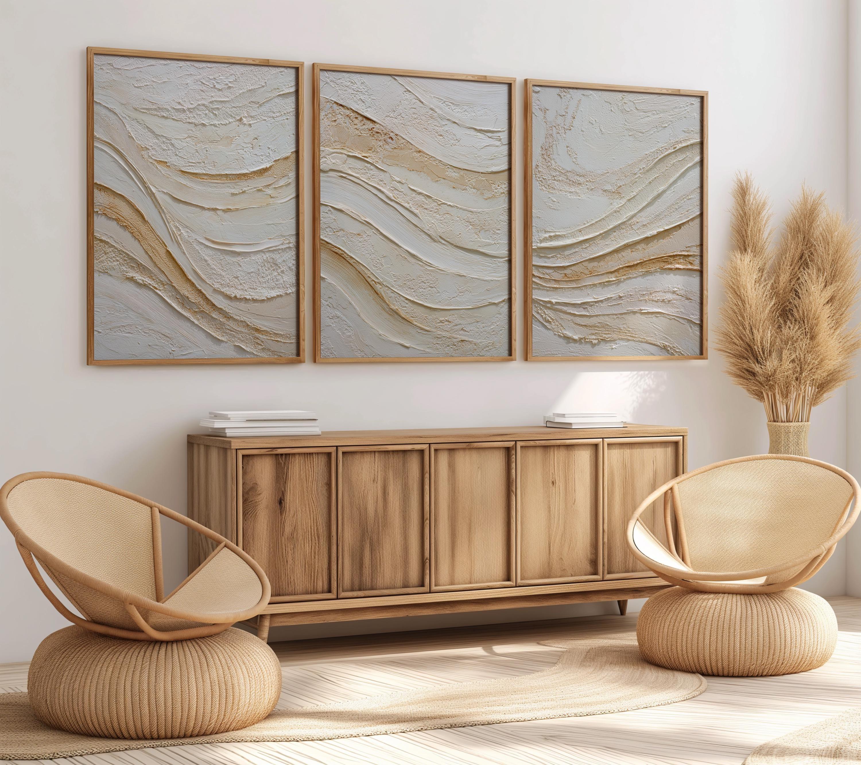 Abstract wave texture wall art set – beige gold Scandinavian minimalist decor