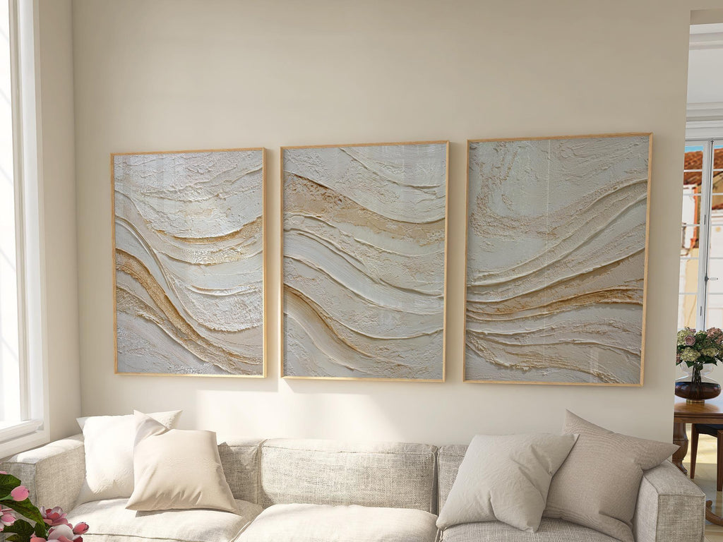 Abstract wave texture wall art set – beige gold Scandinavian minimalist decor