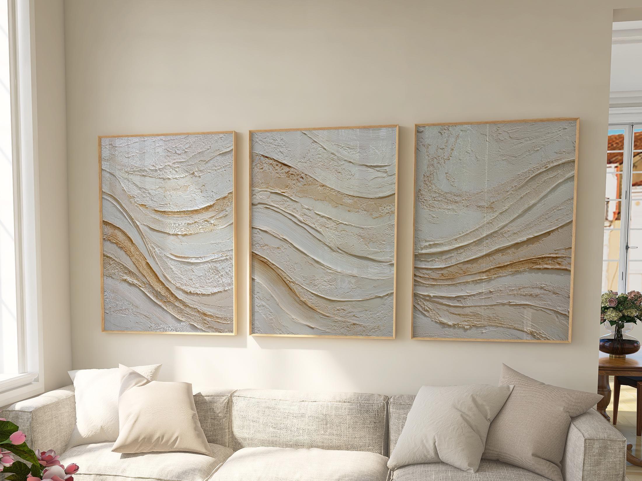 Abstract wave texture wall art set – beige gold Scandinavian minimalist decor