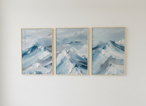 Abstract Mountain Landscape Wall Art Set – Blue White Triptych Winter Decor