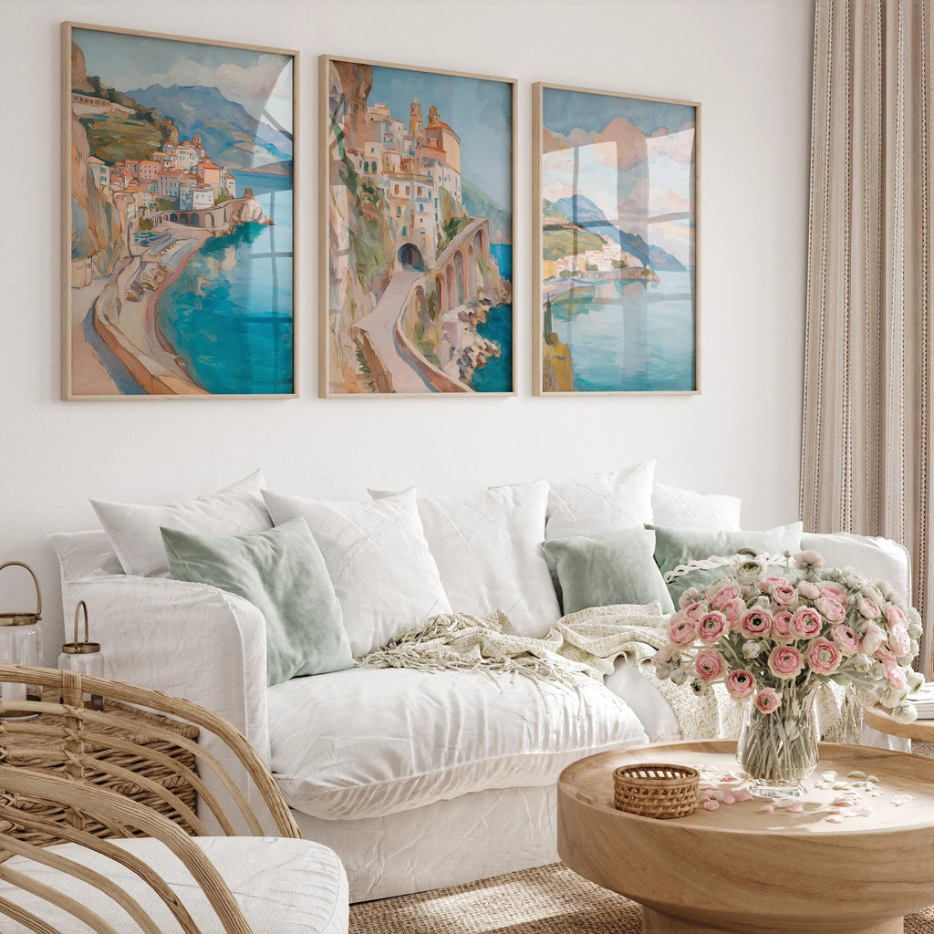 Amalfi Coast wall art set – Mediterranean village oil painting coastal decor