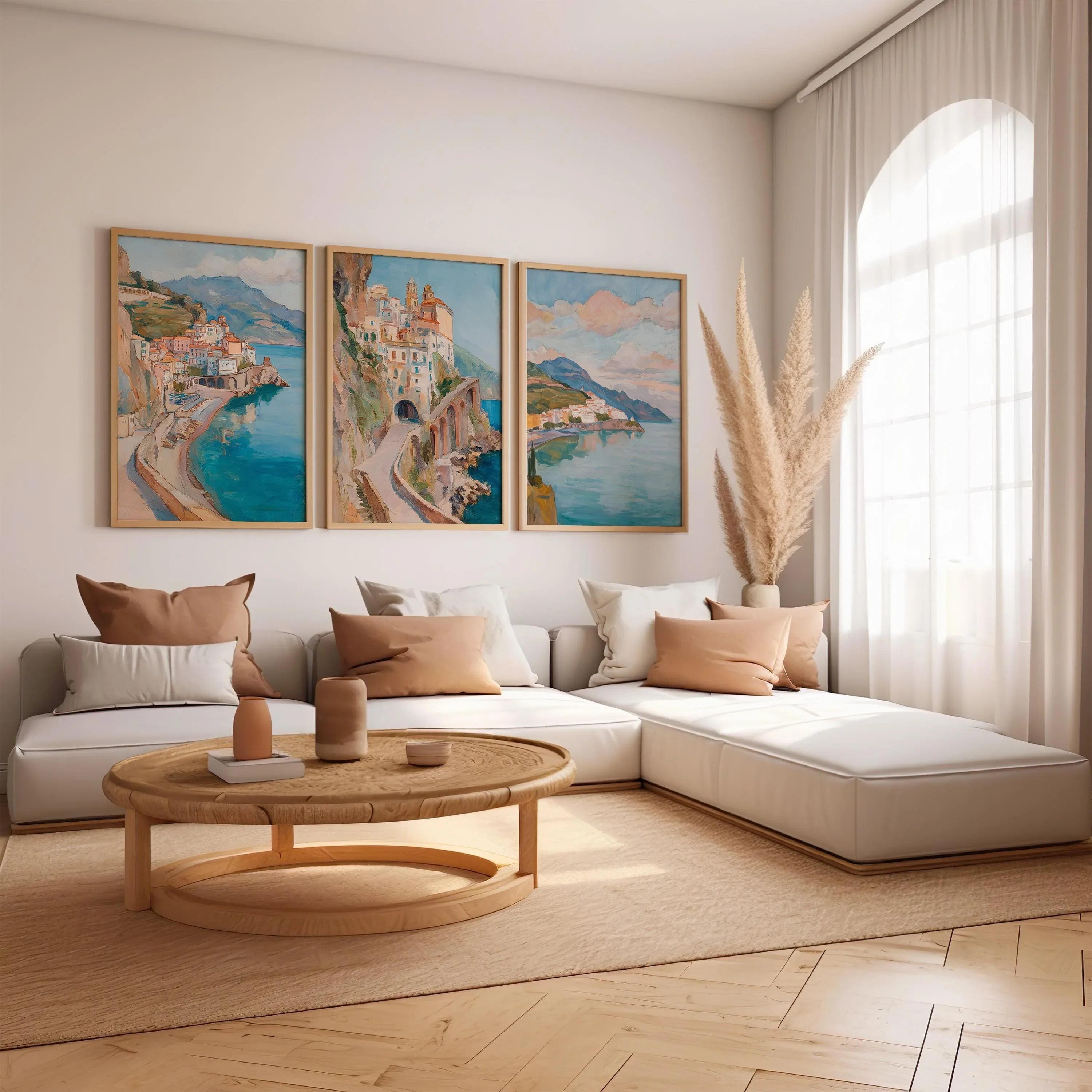 Amalfi Coast wall art set – Mediterranean village oil painting coastal decor