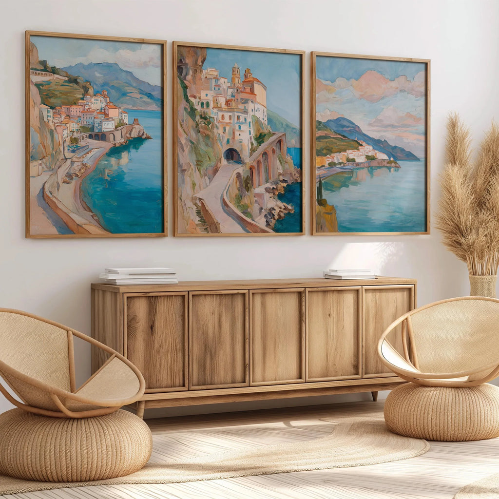 Amalfi Coast wall art set – Mediterranean village oil painting coastal decor