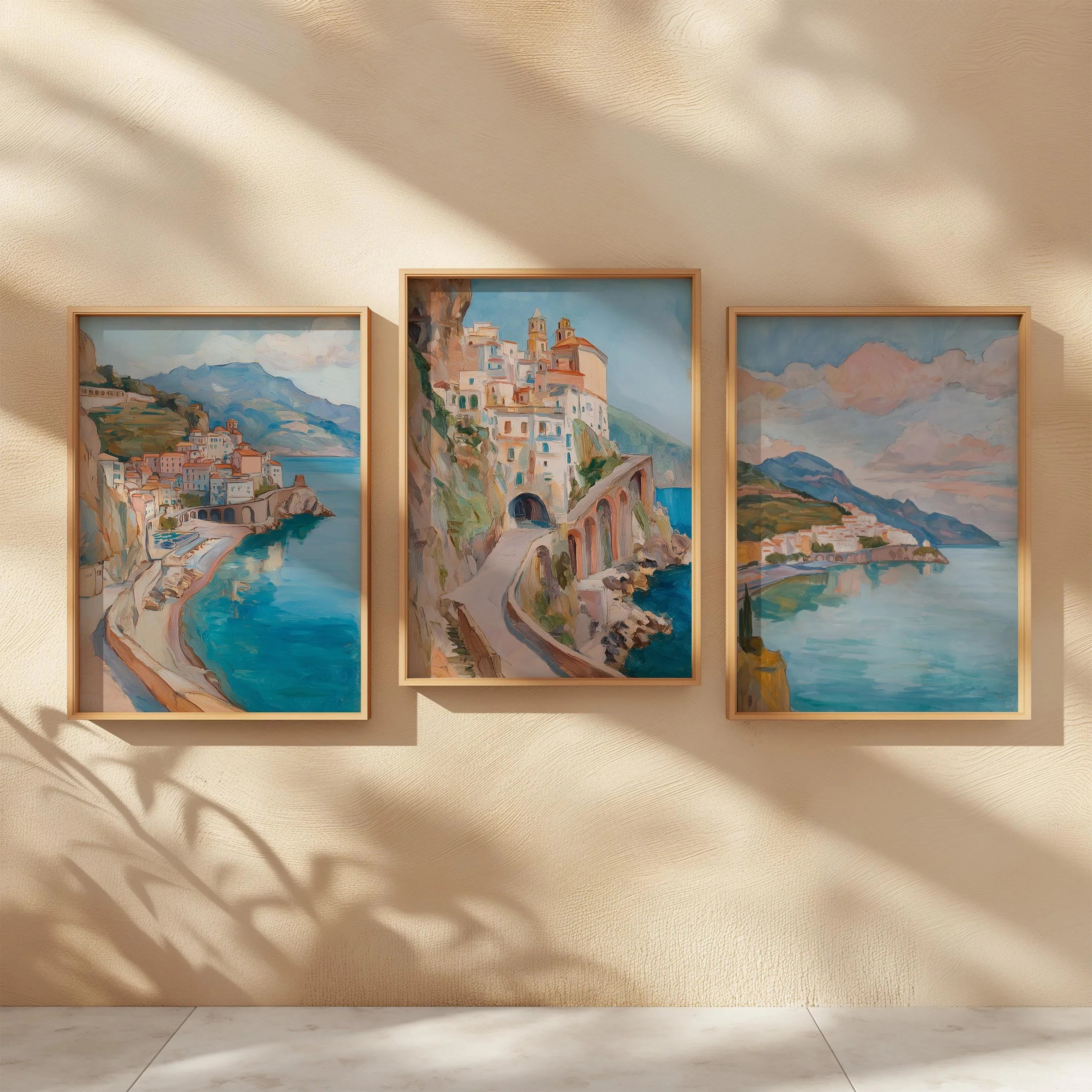 Amalfi Coast wall art set – Mediterranean village oil painting coastal decor