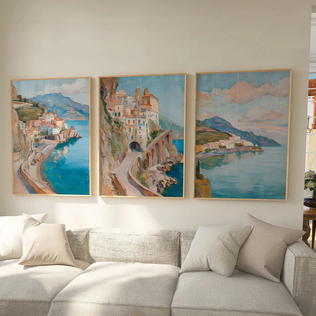 Amalfi Coast wall art set – Mediterranean village oil painting coastal decor