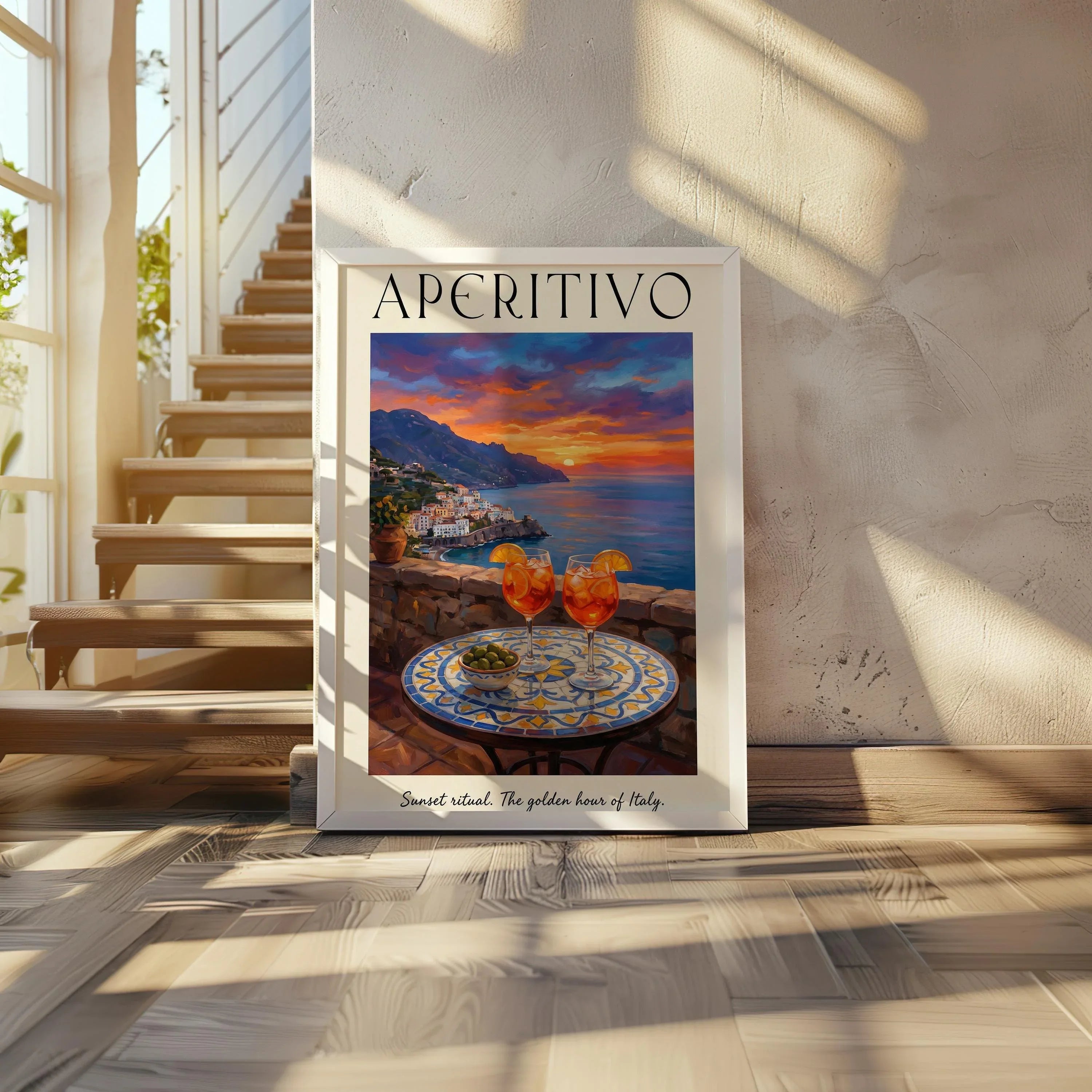 Aperitivo sunset wall art – Amalfi Coast cocktail golden hour Italian decor