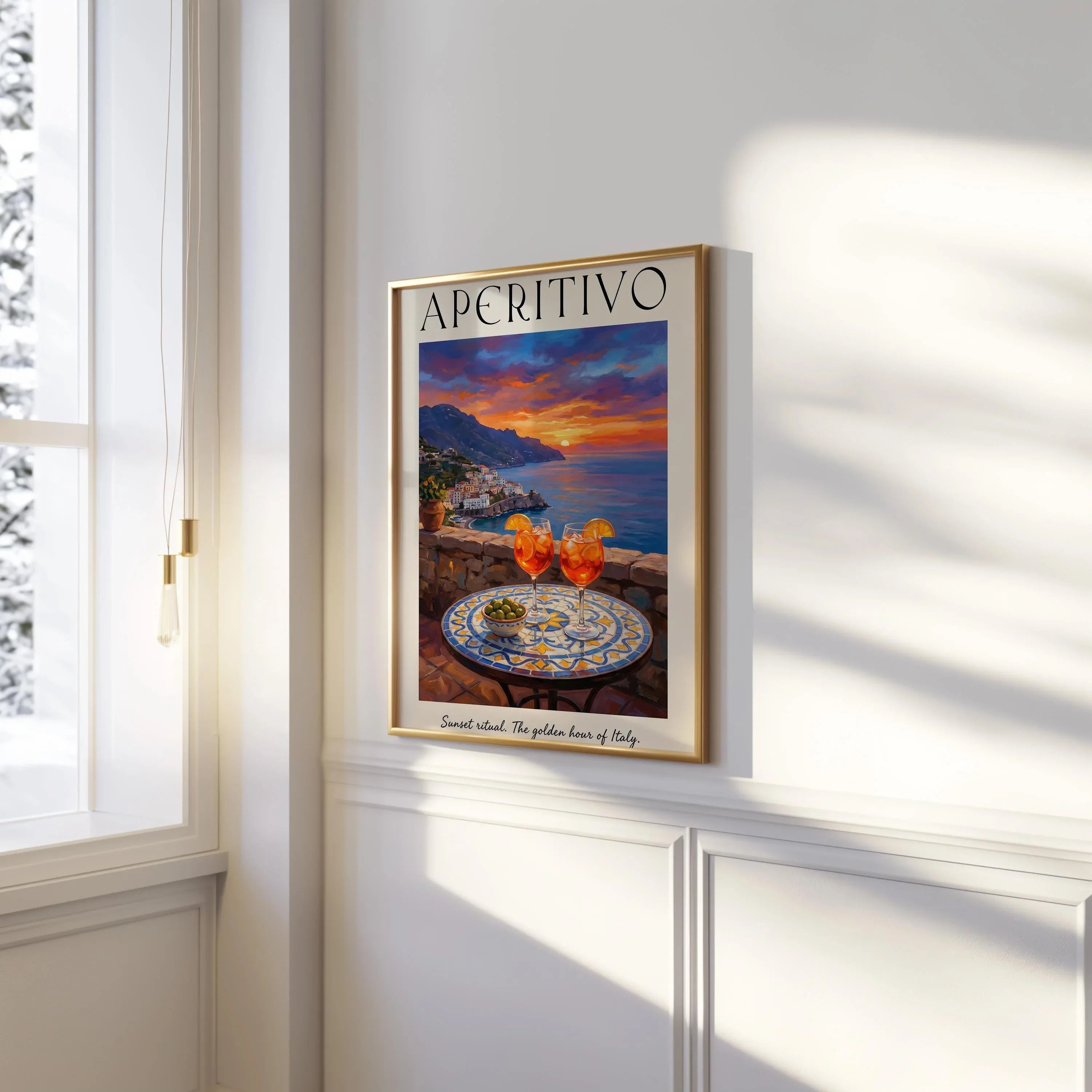 Aperitivo sunset wall art – Amalfi Coast cocktail golden hour Italian decor