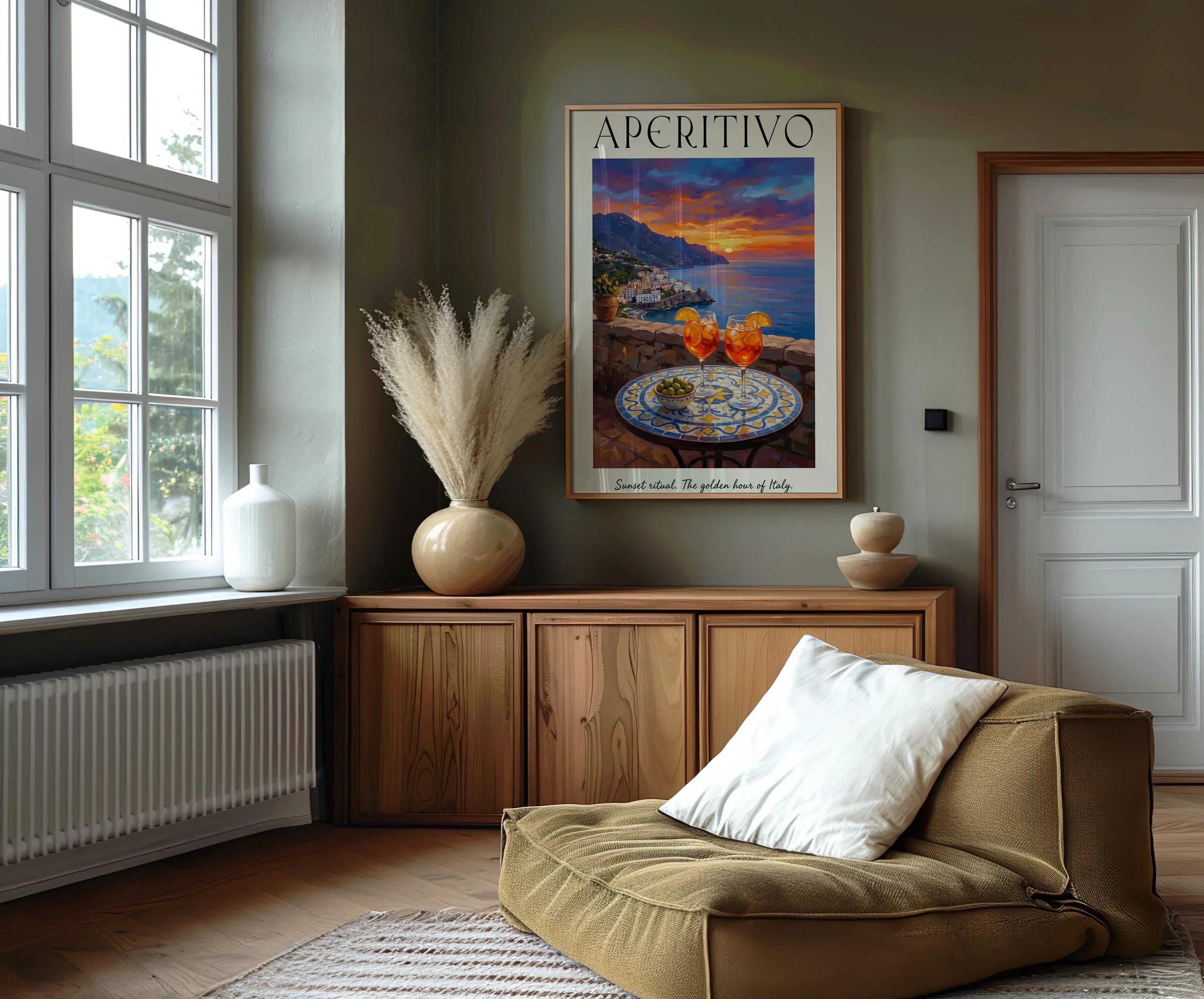 Aperitivo sunset wall art – Amalfi Coast cocktail golden hour Italian decor